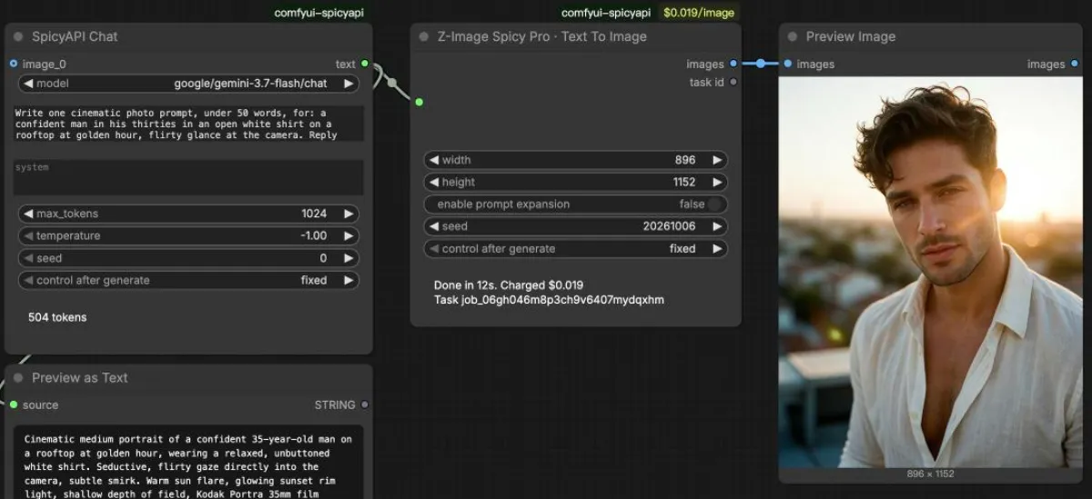 SpicyAPI Chat che scrive un prompt cinematografico per Z-Image Spicy Pro, con il prompt mostrato in un nodo Preview as Text