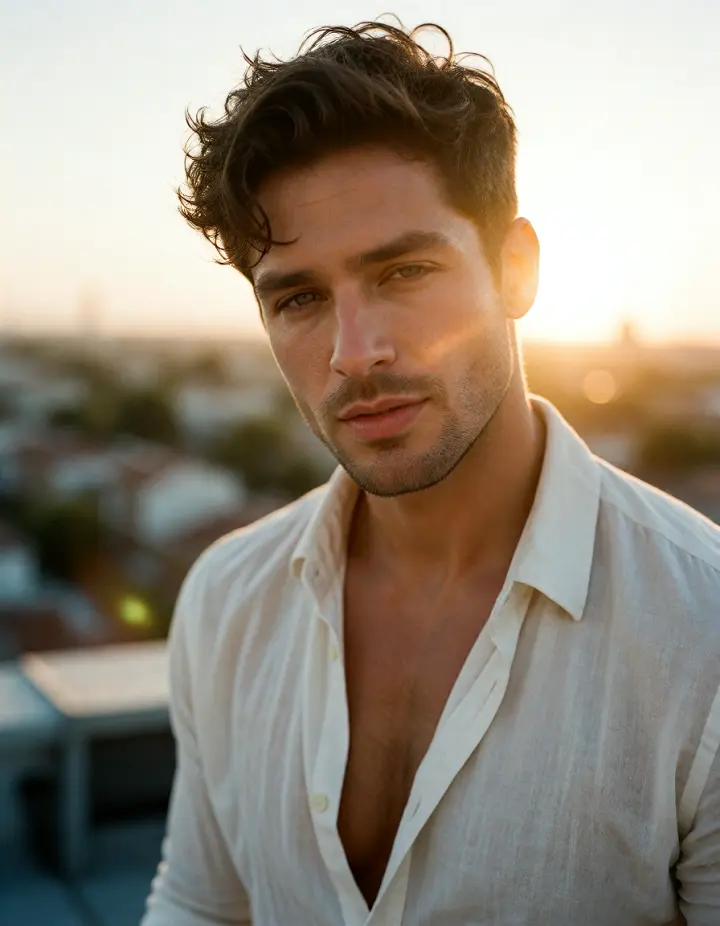 Un uomo con la camicia bianca aperta su un tetto all'ora dorata, generato da un prompt scritto da un modello di chat
