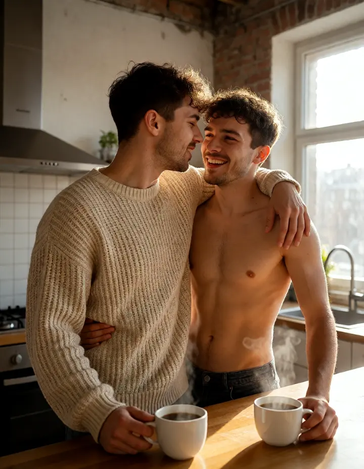 Due uomini che condividono un momento giocoso mattutino nella cucina di un loft, con il caffè