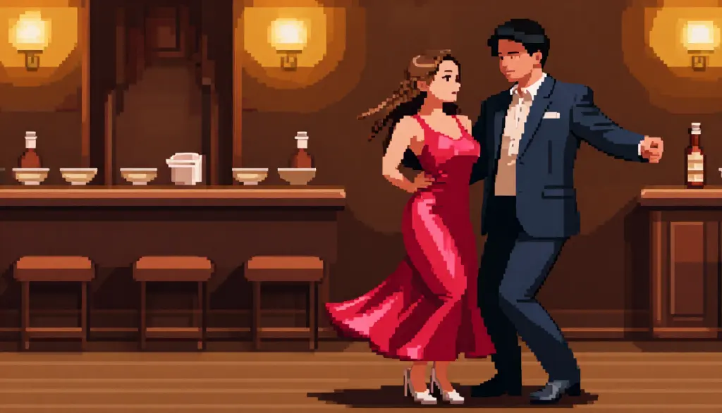 Una coppia in pixel art che balla in un jazz bar, generata con un LoRA pixel art su Z-Image Turbo