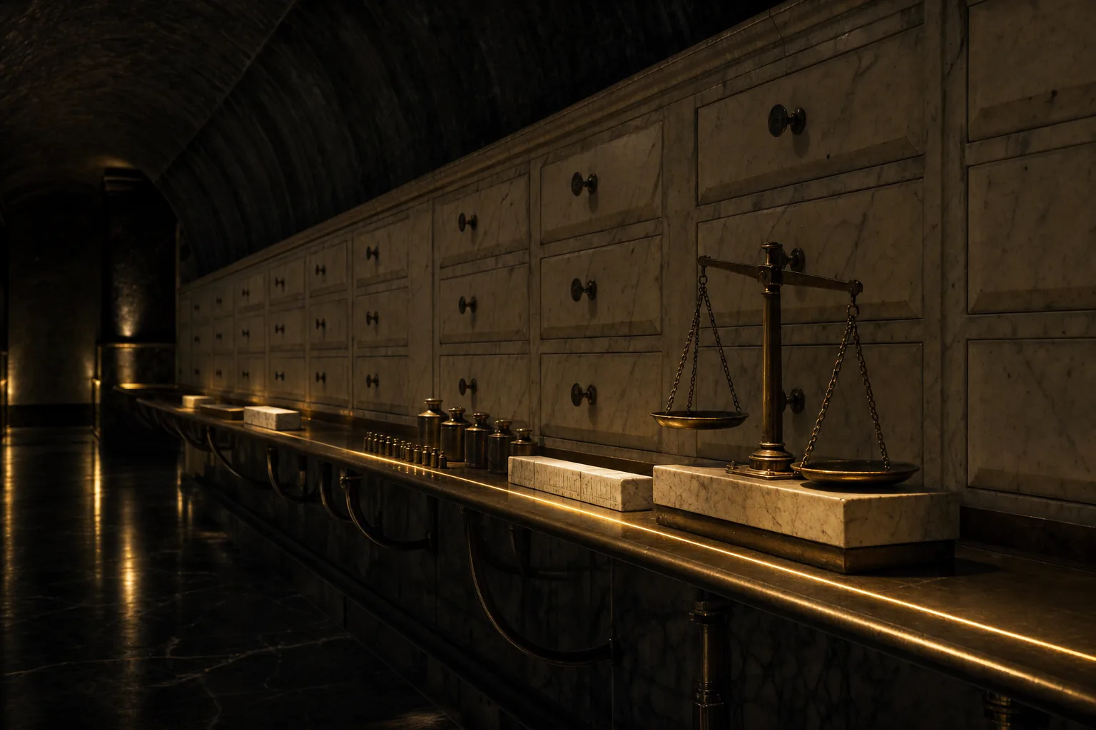 Una sala d’archivio in pietra a volta, rivestita di bilance, pesi e regoli di bronzo, illuminata da un solo filo di luce dorata