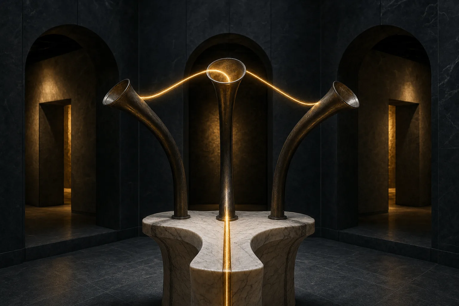 Tre tubi acustici di bronzo che salgono da una sola consolle di pietra scolpita, con un filo di luce dorata che sale e ritorna