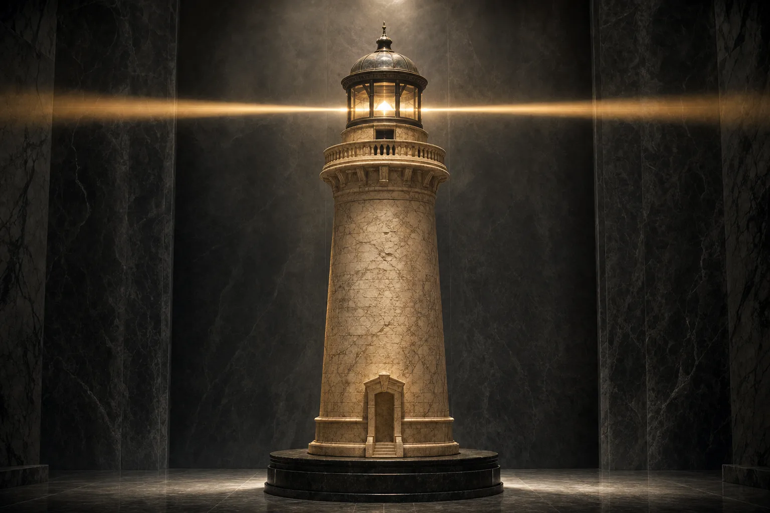 Una torre di segnalazione in pietra scolpita su un palco scuro, che manda una sola linea di luce dorata in lontananza