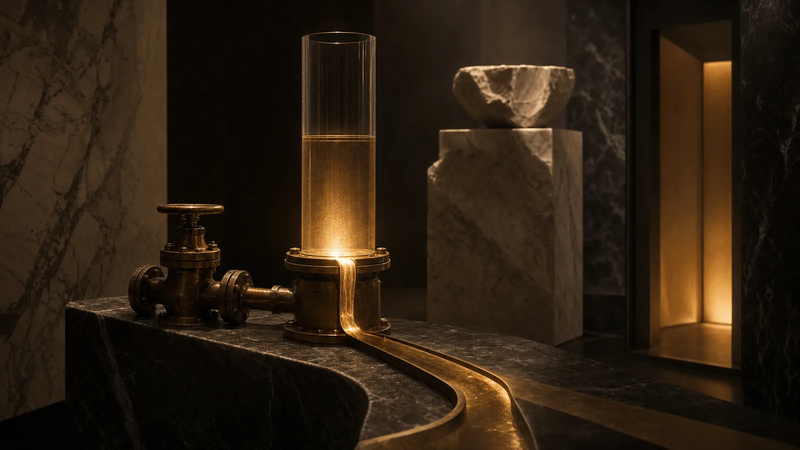Una valvola dosatrice di bronzo che riempie un cilindro di vetro con luce dorata fino a una tacca incisa, mentre l’eccedenza rifluisce lungo un canale di bronzo