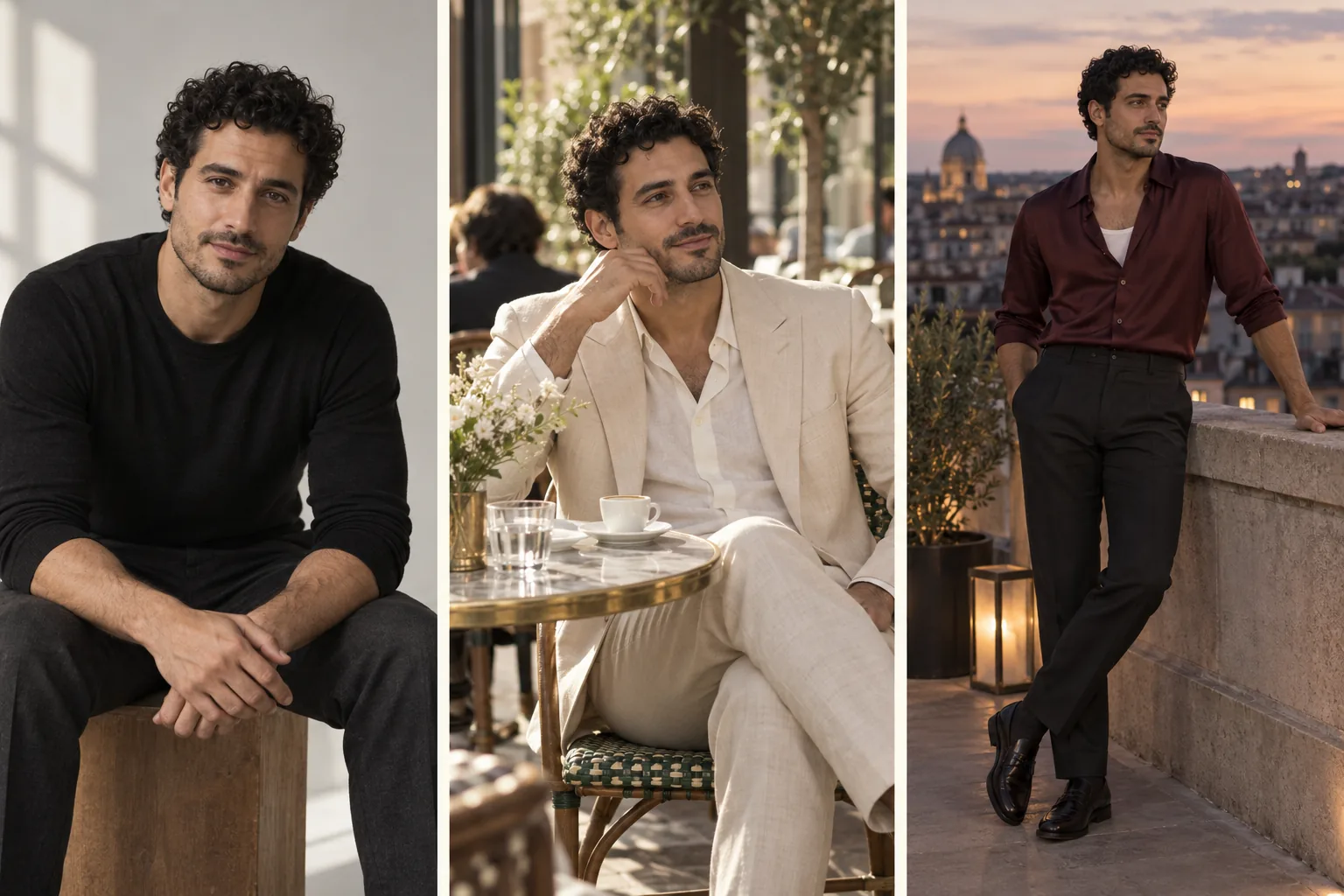 Illustrated lookbook showing the same adult man in three different settings and outfits.