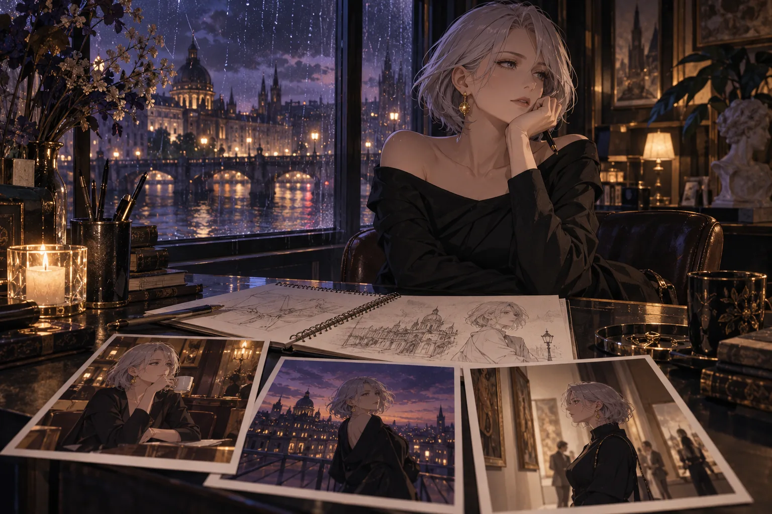 Anime-style editorial illustration of an adult character across a sequence of story scenes.