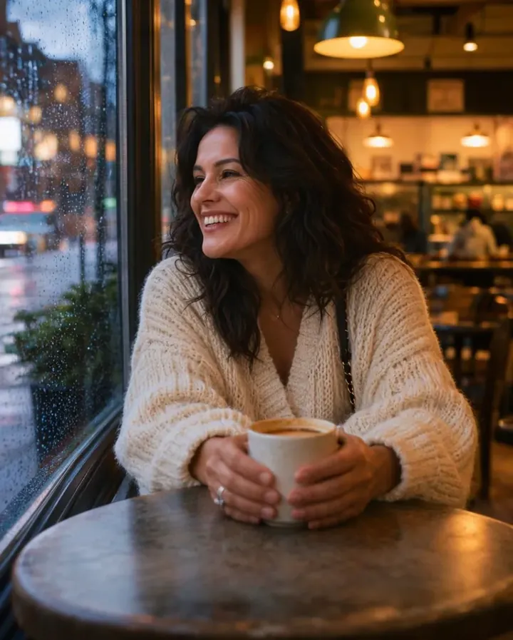 An adult woman laughing at a rainy café window with a cup of coffee, generated by MOSS-Image without a LoRA