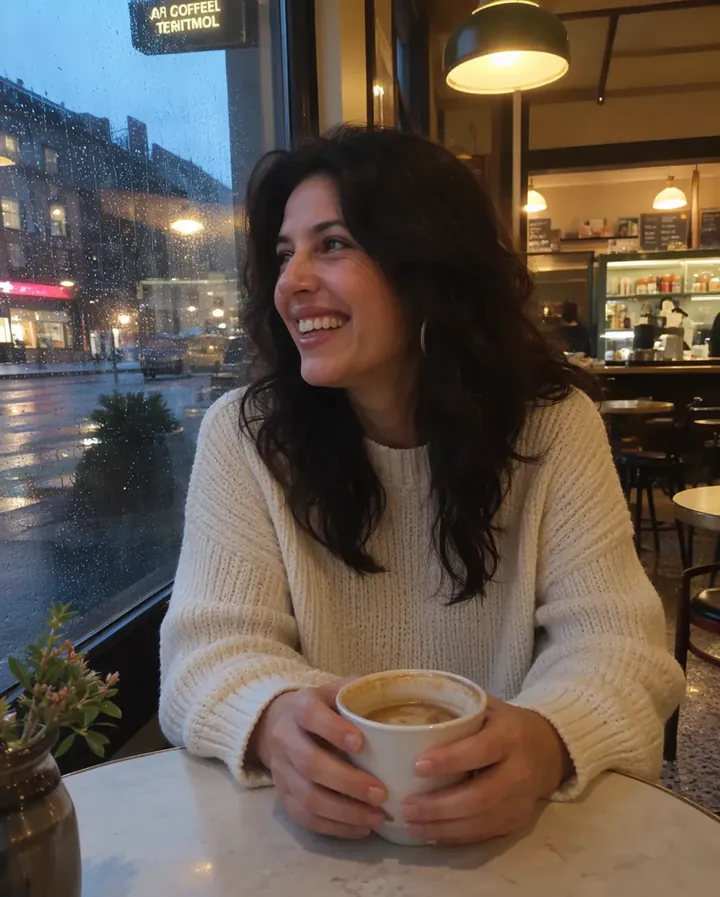 The same café scene as a flatter, cooler phone snapshot with wider framing, from the Smartphone Snapshot LoRA