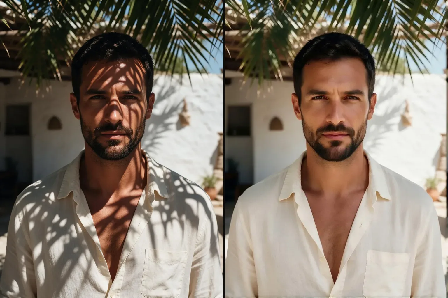 Harte Schatten aus dem Foto nehmen — dieselbe Person, weiches gleichmäßiges Licht