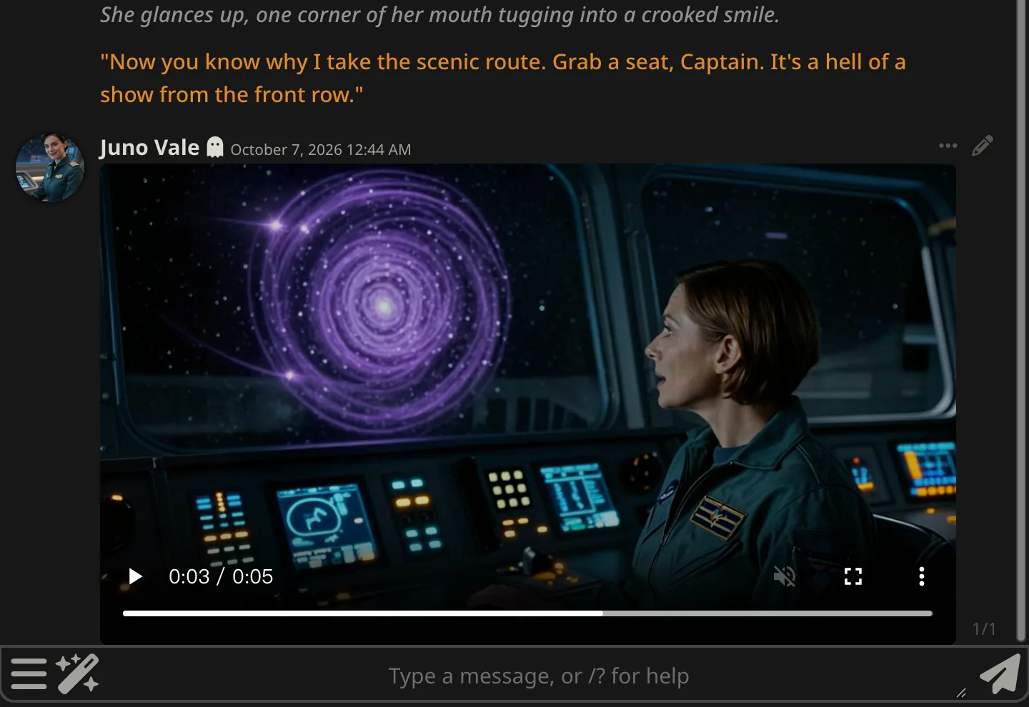 The animated clip inside the SillyTavern chat, showing the navigator on the starship bridge with the video paused at 3 of 5 seconds