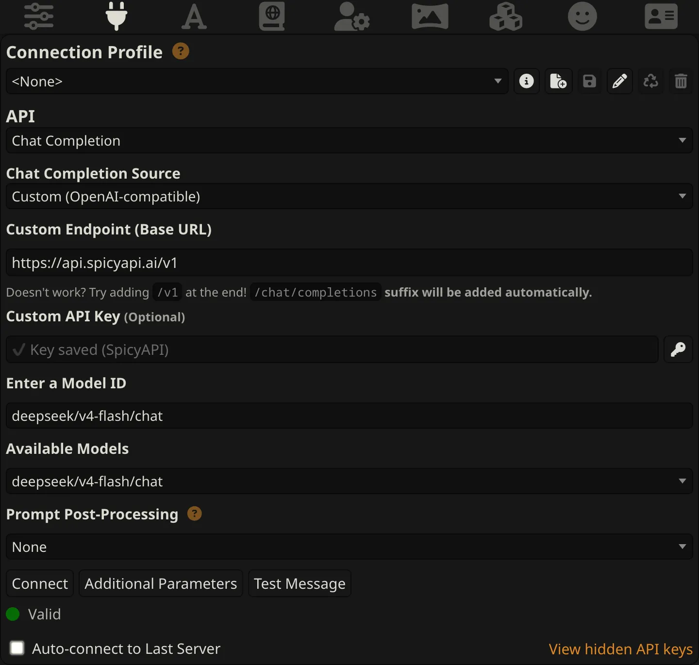 SillyTavern API Connections set to Chat Completion and Custom (OpenAI-compatible), with https://api.spicyapi.ai/v1 as the endpoint, a saved key, deepseek/v4-flash/chat as the model and a Valid status