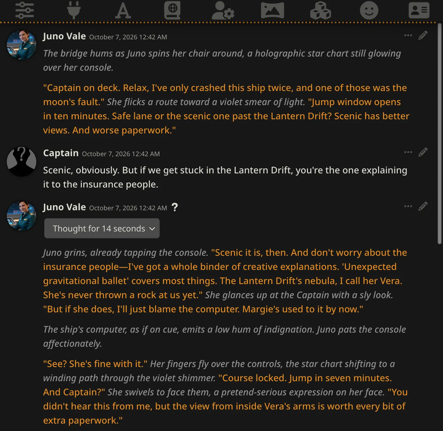 A SillyTavern roleplay chat with Juno Vale, a witty starship navigator, answering in character through DeepSeek V4 Flash, with the model's reasoning folded into a Thought for 14 seconds block