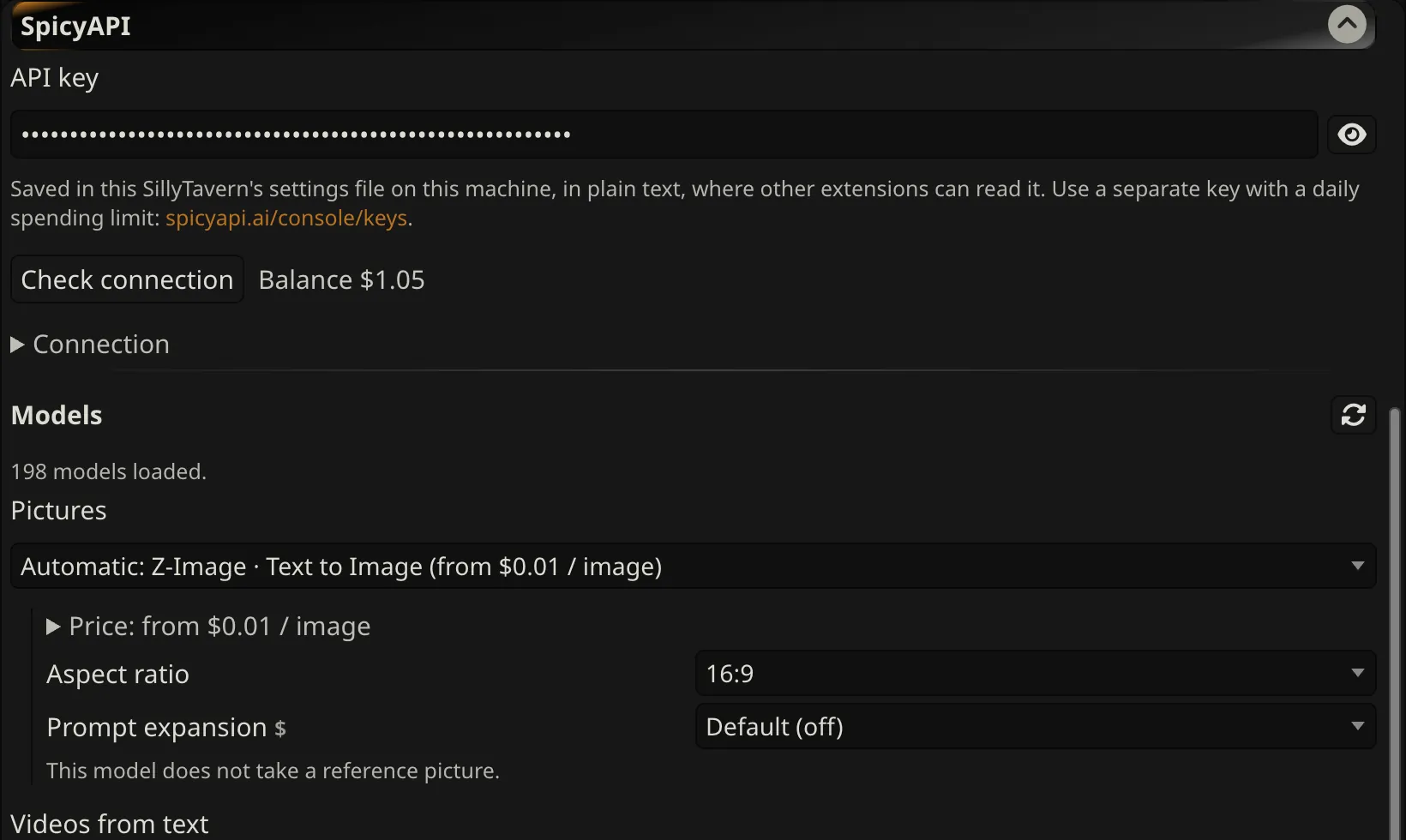 The SpicyAPI section of the SillyTavern Extensions panel: a masked API key, the balance after Check connection, and the picture model picker with its starting price