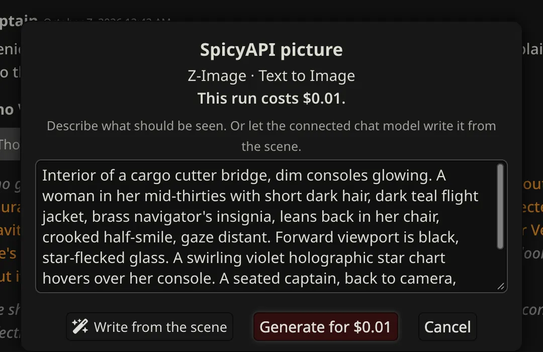 The SpicyAPI picture dialog in SillyTavern: Z-Image Text to Image, This run costs $0.01, a prompt written from the scene by the chat model, and a Generate for $0.01 button
